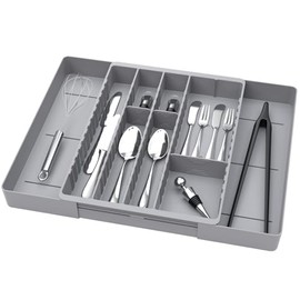 Fu Store Silverware Drawer Organizer DIY Customize Expandable Utensil Tray for Kitchen Upgraded Flatware Cutlery Holders Adjustable Plastic Tableware Storage for Spatula Spoons Forks Knives Gray