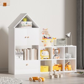 Leavader 42" Tall Bookcase Children's Bookshelf, Single House-Shaped Bookshelf for Kids with 8 Storage Cubbies and Drawers, Toy Storage Organizer for Playroom, Nursery and Kindergarten (White)