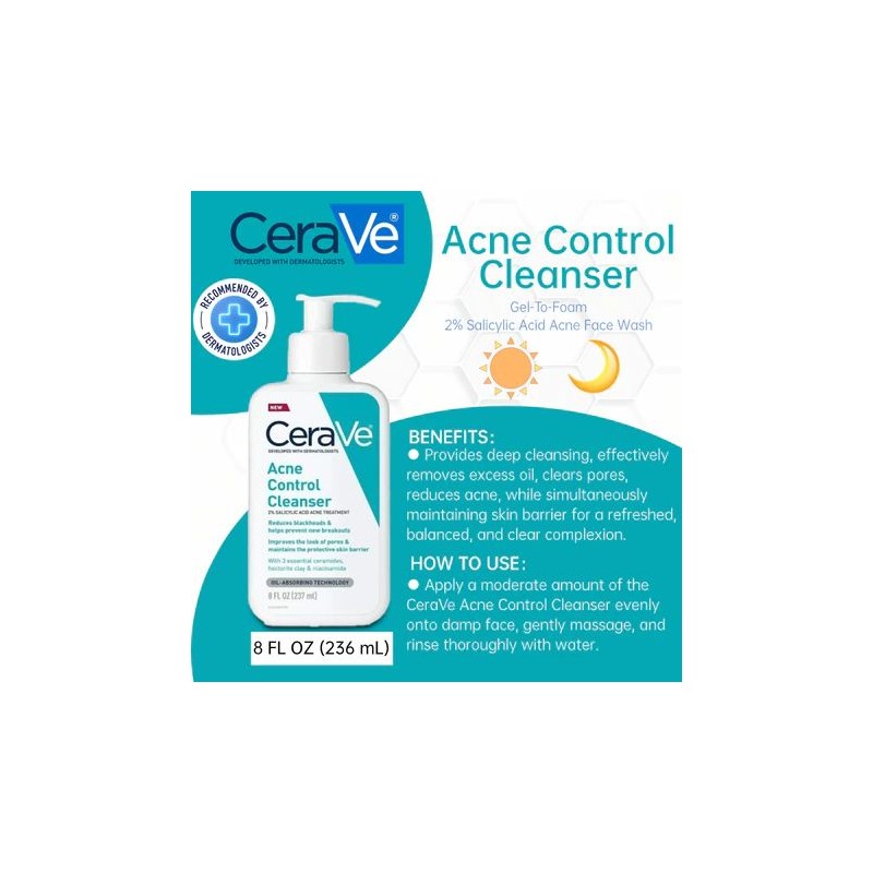 Cerave Acne Control Cleanser Facial Cleanser For Pimple Remover 237ML