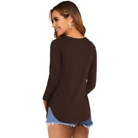 DittyandVibe Women Long Sleeve V Neck Curved Hem Tunic Tops T Shirts (Brown,M)