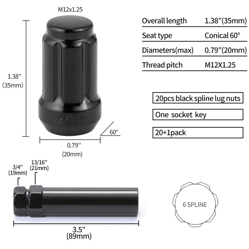 M12x1.25 Black 6 Spline Lug Nuts - Anti-Theft, 1.38" Long,
