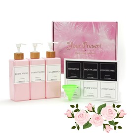 Shampoo and Conditioner Dispenser Set, Refillable Shampoo and Conditioner Bottles Body Wash Dispenser with Waterproof Labels, 3PCS 16.9oz Soap Dispenser Bathroom Pink White Empty Pump Bottle