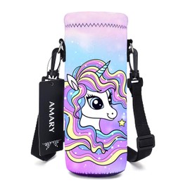AMARY 500ML Neoprene Water Bottle Carrier Bag with Adjustable Shoulder Strap,Insulated Water Bottle Cover for Stainless Steel/Glass/Plastic Bottles 16.9OZ (cute unicorn)