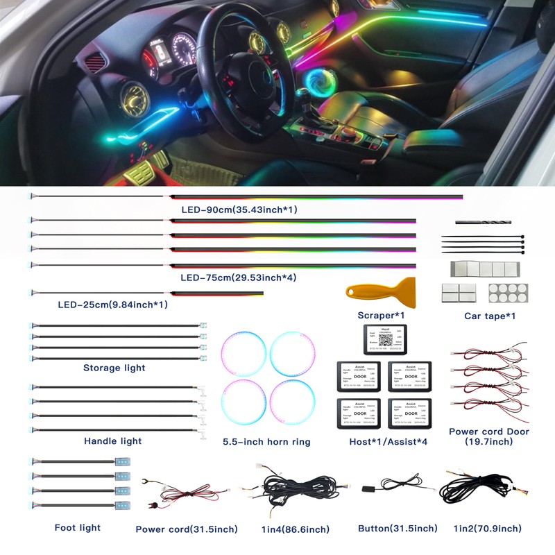 Acrylic Interior Car LED Strip Lights, Colorful 22-in-1 Car Ambient