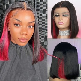 LAB HAIRS 14 Inch Skunk Stripe Wig 13x4 Transparent Lace Front Wigs Human Hair Blunt Cut Style Black Red Highlights Straight Bob 150% Density Glueless Wig Pre Plucked Bleached Knots for Black Women