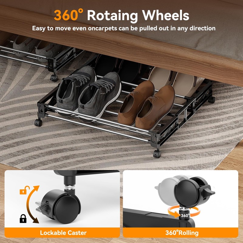 DEYILIAN Under Bed Shoe Storage with Wheels Fixable Underbed Shoe