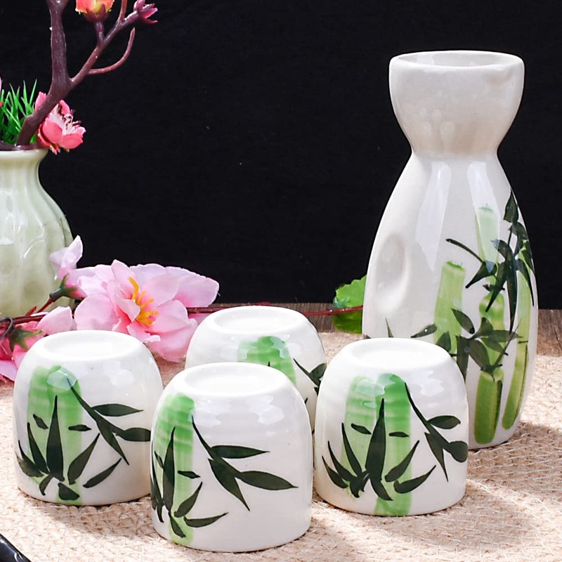Japanese Ceramic Sake Set of 5,Bamboo Pattern Sake Pot and