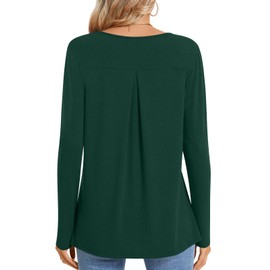 TAOHUADAO Women Fall Long Sleeve Tops Pleated Crew Neck Tunic Casual Dressy Blouse Shirts, Blackish Green M