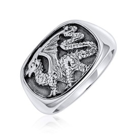 Statement Large Rectangle Signet Men's Viking carved Asian Gothic Shield Dragon Ring For Men Oxidized .925 Sterling Silver
