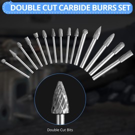 CAMWAY 15pcs Double Carbide Burrs Set - 1/4" Shank and 1/8" Shank, Die Grinder Carbide Bits, Rotary Tungsten Cutting Burrs Bits for Polishing Engraving Drilling Metal,Wood,Steel,Copper,Aluminum