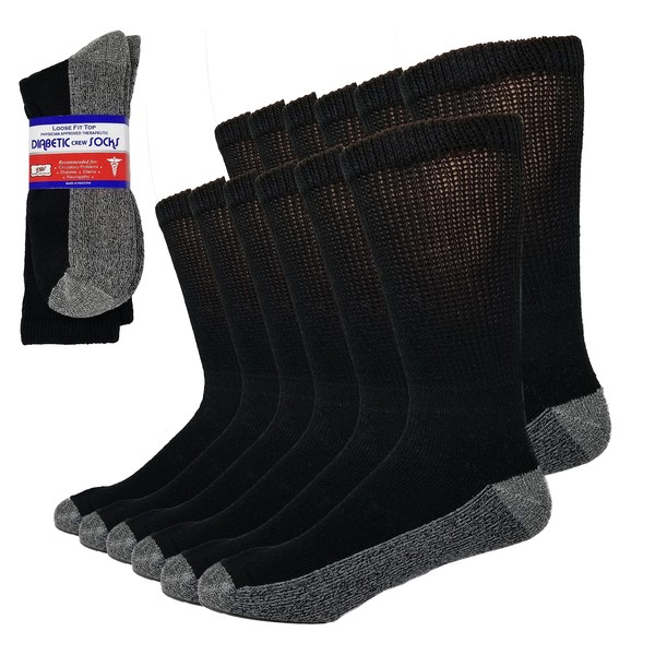 Debra Weitzner 6 Pairs Diabetic Crew Socks Reinforced Heel and Toe Non-Binding Cushion Socks for Men and Women Black/Black Sole 13-15
