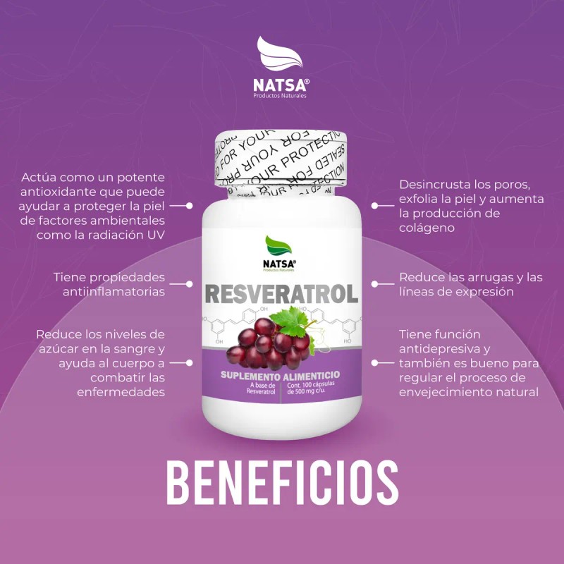 Resveratrol 100 Cápsulas Potente Antioxidante Antienvejecimiento Antiinflamatorio Regula Niveles Azúcar