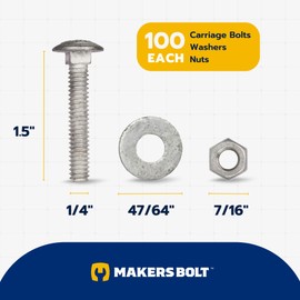 1/4" x 1-1/2" (100 Pack) Galvanized Carriage Bolt Kit Grade 307A Includes 1/4" USS Flat Washers (100 pcs) and 1/4"-20 Hex Nuts (100 pcs), Hot Dip Galvanized for Exterior Use by Makers Bolt