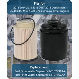 Marsram Fuel Filter Water Separator Set Fits for 2013 2014 2015 2016 2017 2018 Dodge Ram 2500 3500 4500 5500 6.7L Cummins Diesel Turbo Engines, Replace 68197867AA, 68157291AA, 68065608AA