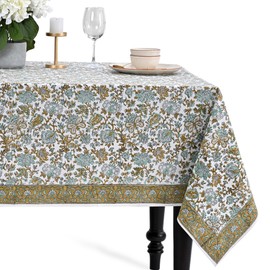 CPC Tablecloth 100% Cotton 70"x108" Indian Block Print Rectangle Table Cover, Blue Table Cloth for Weddings, Memorial Day, Spring/Summer- Topaz Blue