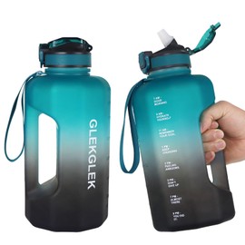 GLEKGLEK 2.2L Water Bottles Large with Time Markings, Dishwasher Safe Drinking Jug for Outdoor Sports, Hiking, Riding, and Gift Giving (Green Black)