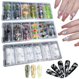 XEAOHESY 18 Rolls Traditional Chinese Style Nail Foil Transfer Stickers Crane Plum Bamboo Ink Painting Pattern Nail Foil Sheets White Flower Transfer Foils Stickers Nail Art Decorations(Style-1)