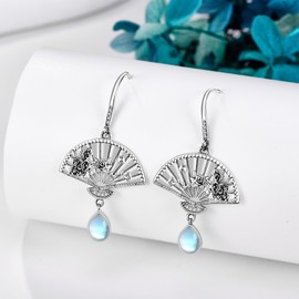 Fan Earrings Sterling Silver Fan Rose Flower Moonstone Dangle Earrings Jewellery Gifts for Women