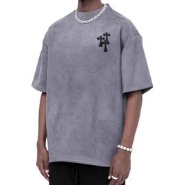 BEAUDRM Men's Oversized Graphic Tee Letter Print Round Neck Drop Shoulder Shirts Pullover Vintage Distressed T Shirt Grey Large