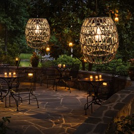 Larekook Hanging Solar Lanterns Outdoor Waterproof, Natural Seeweed Rattan Lantern Bamboo Woven Hanging Pendent Light with Edison Bulb,Solar Chandelier Outdoor Light for Gazebo Garden Porch Patio