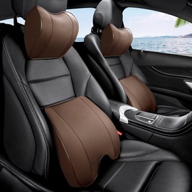 ZLOHPAE Car Lumbar Pillow and Car Neck Pillow Kit Memory Foam Ergonomic Seat Cushion, Relieve Driving Fatigue, Comfortable Neck and Back, Suitable for Car Seats Office Chairs, etc. (Light Brown)