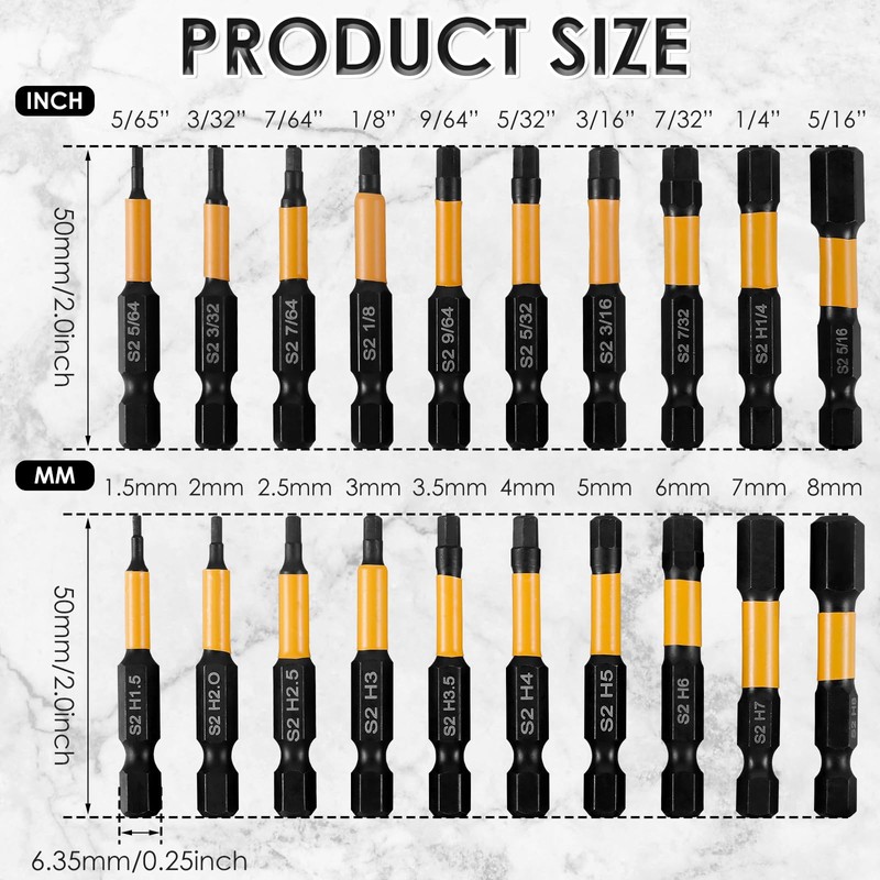 20Pcs Impact Hex Head Allen Wrench Drill Bit Set Metric