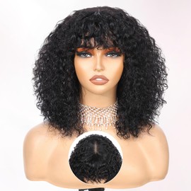 Beluck Glueless Human Hair Wig With Bangs，Short Water Wave Curly Bob Wig Human Hair 180% Density For Women, Ready To Wear (14 Inch Black)