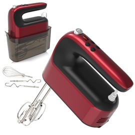 Yomelo 9-Speed Digital Hand Mixer Electric, 400W Powerful DC Motor, Baking Handheld with Snap-On Storage Case, 5 Stainless Steel Accessories, Flat Beaters, Dough Hooks, Whisk(Red)