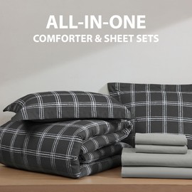 Cathay Home Basic Bedding Home Essential Ultra Soft Lightweight 7PC Wrinkle Resistant Microfiber Bed in a Bag Set (Includes Complete Sheet Set & Comforter Set) - Black Plaid, Queen