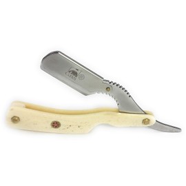 GBS Classic Straight Edge Razor Barber Shavette + Brush and Razor Stand - Ivory Horn Handle - Gold Accents + 10 Blades Men's Manual Shaver Excellent Locking Safety Mechanism