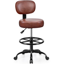 Brick Attic Drafting Chair with Backrest – Adjustable Foot Rest Rolling Stool with Wheels, PU Leather Swivel Stool for Office Spa Studio Lab Counter Salon Home Work Bar Kitchen Shop(Ember Brown)