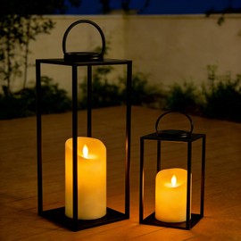 Set of 2 Large Solar Lanterns Outdoor Lighting 18 & 11 Inch - Black Metal Waterproof for Porch, Patio, Garden Decor, Farmhouse Style All Year Round with Solar Candles