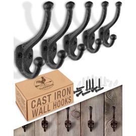 Rustic Cast Iron Coat Hooks (5 Pack) Wall Mounted Farmhouse Decorative Wall Hooks, Vintage Hooks for Hanging Coats, Bags, Hats, Towels (Antique Black, Includes Hardware)