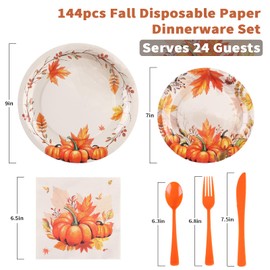 Gudvilla Thanksgiving Plates-Fall Paper Plates and Napkins Sets, Thanksgiving Dinnerware Sets Disposable Fall Party Supplies Serves 24 Guests for Autumn Harvest Festival Pumpkins Party Decorations