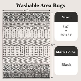 Art&Tuft 8x10 Area Rug, Super Soft Ultra-Thin Moroccan Washable Rug, Anti-Slip Backing Rugs for Living Room, Foldable Geometric Machine Washable Area Rug(8'x10', Black)