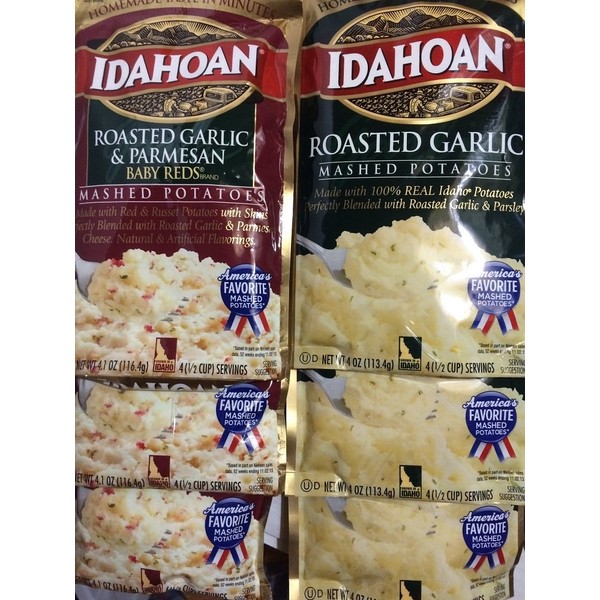 Idahoan Mashed Potatoes Roasted Garlic Variety Bundle, 4 oz (Pack of 6) includes 3-Packages of Roasted Garlic Mashed Potatoes Plus 3-Packages Roasted Garlic & Parmesan Baby Reds Mashed Potatoes