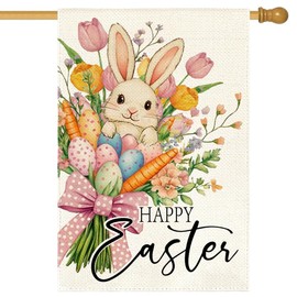 RABUSOFA Happy Easter Floral House Flag 28x40 Inch Double Sided Outside, Easter Eggs Bunny Spring Flowers Yard Outdoor Flag Holiday Decoration Large