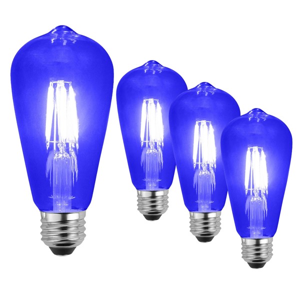 SLEEKLIGHTING LED 4Watt Filament ST64 Blue Colored Light Bulbs – UL Listed, E26 Base Lightbulb – Energy Saving - Lasts for 25000 Hours - Heavy Duty Glass - 4 Pack