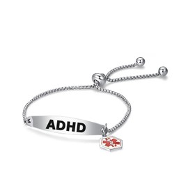 LSxAB Red Medical Alert ADHD Bracelet for Women Men Emergency Medical ID Engraved Adjustable Stainless Steel Chain Wristband Bracelets