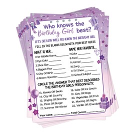 HOMANGA Who Knows The Birthday Girl Best, Birthday Would She Rather, Birthday Game Cards for Girls Hers Women's Sleepover Party - 15x20cm Set of 30 (Purple, Double-sided)
