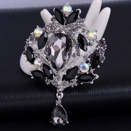 Ezing 4Pcs Black Brooch Lot with Large Big Waterdrop and Small Enamel Flower Pins Fashion Jewelry (Black)