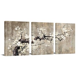 YeiLnm 3 Panels Flower Wall Art White Plum Blossom Canvas Picture Print Vintage Brown Paintings Elegant Floral Prints Artwork for Bathroom Kitchen Modern Country Home Wall Decoration