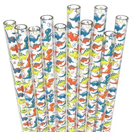 Fiesta First 10 Long Reusable Hard Plastic Dinosaurs Drinking Straws + Sturdy Cleaning Brush - for Tumblers, Mason Jars, Milkshakes, Smoothie Straws Drinking Plastic - Dishwasher Safe BPA Free