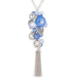 Bulinlin Silver Necklace with Pendant and Tassels - Fashion Jewellery for Women - Long Birthday Gift for Women (Sapphire)
