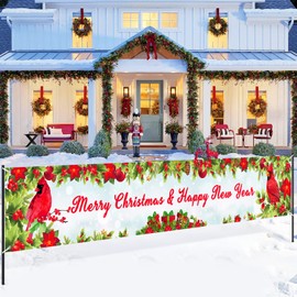 Christmas Cardinal Decorations Outdoor Yard Fence Banner Sign, Merry Christmas Happy New Year Cardinal Red Bird Holly Berry Poinsettia Yard Fence Banner Christmas Garaged Backdrop Door Decor 9.8x1.6ft