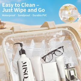 ZTLGE Waterproof Beach Bag with Shoe Compartment – Large Capacity Clear PVC Tote Bag, Portable Unisex Travel Makeup Organizer for Swimming, Gym, and Vacation (Beige)