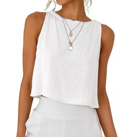 Kinghua Linen Vest Women 2025 Spring Summer Beach Vacation Casual Cute Crop Sleeveless Vest Tops (White, XS)