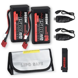 Hosim 2PCS 7.4V 1500mAh 15C Lipo Battery RC Lipo Batteries with 2 USB Chargers, 1 Battery Bag & 1 Battery Strap for Brushless RC Car Remote Control Car Truck RC Boat