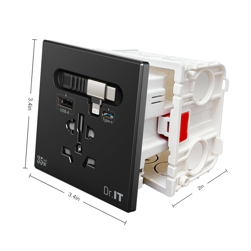 DR.IT 15 Amp Universal Wall Outlet, 35W GaN Fast Charging