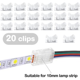 RUNCCI-YUN Pack of 20 LED Strip Connectors, 5-Pin 10 mm, LED Solderless Strip Connector, 5-Pin Connection Cable Connector, for 10 mm Wide SMD 5050 RGBW LED Strip 5 V 12 V 24 V (Transparent)